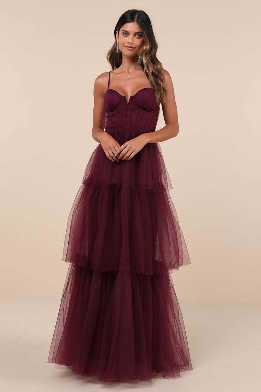 Lulus Unforgettable Poise Plum Purple Tulle Bustier Tiered Maxi Dress Size S